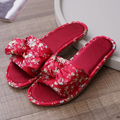 New Style Women's Satin Slippers Home Warm Slippers with Bowknot Indoor Non-slip Slippers for Four Seasons Wedding Festive Shoes