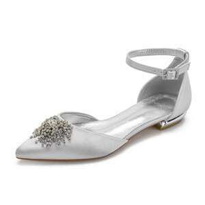 xiangtuibao  Pointed toe D'orsay satin evening dress shoes ankle strap flats with crystal rhinestone  elegant flat sandals bridal wedding