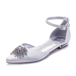 xiangtuibao  Pointed toe D'orsay satin evening dress shoes ankle strap flats with crystal rhinestone  elegant flat sandals bridal wedding