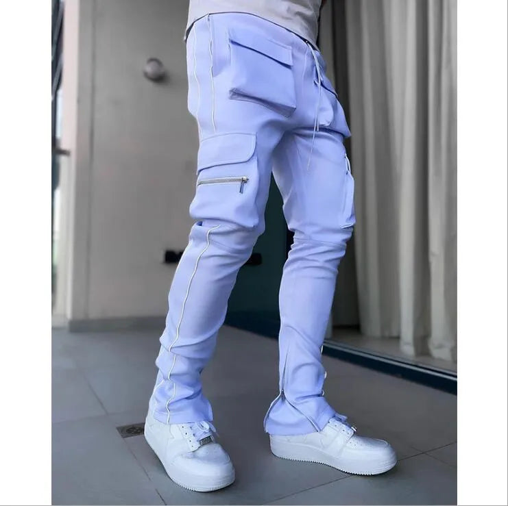 Spring and autumn tooling pants men's tide brand stretch multi-pocket reflective straight sports fitness leisure trousers