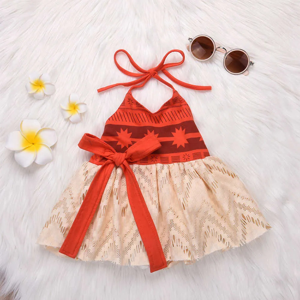 Baby Girls Moana Summer Dress Kids Tutu Bow Beach Sundress Toddldr Children Strap Backless Cartoon Princess Cute Cosplay Costume Q0716