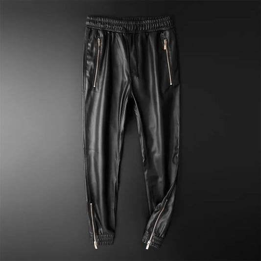 Thoshine Brand Men Leather Pants Superior Quality Elastic Waist Jogger Pants Zipper Pockets Faux Leather Trousers Pencil Pants 201126