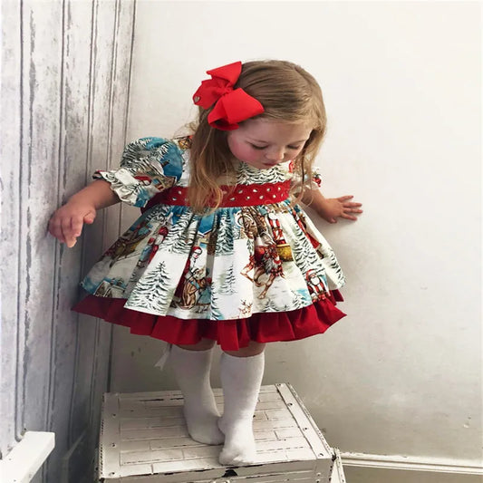 Retro Kids Baby Girl Christmas Princess Dress Santa Claus Print Puff Sleeve Lace Back Bow Party Ball Gown Swing Dress 1-6Y