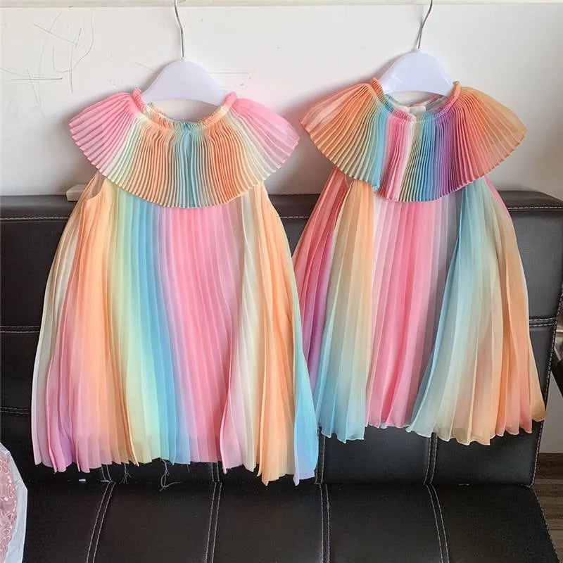 Summer Girl Rainbow Dress Kids Party Dresses Fashion Princess Pleated Maid Costume Cute Belle Clothing