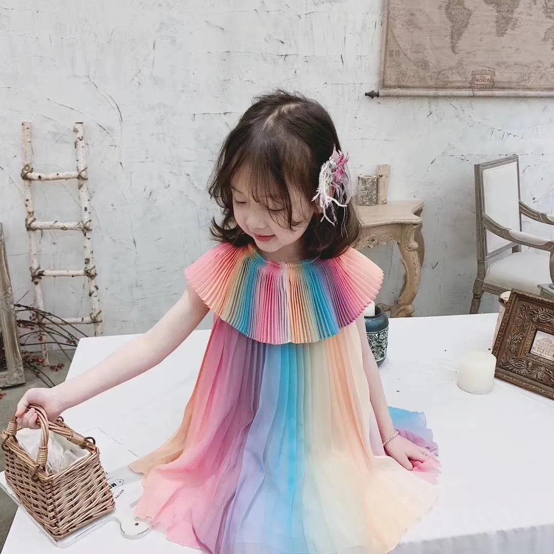 Summer Girl Rainbow Dress Kids Party Dresses Fashion Princess Pleated Maid Costume Cute Belle Clothing