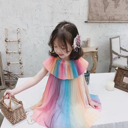 Summer Girl Rainbow Dress Kids Party Dresses Fashion Princess Pleated Maid Costume Cute Belle Clothing