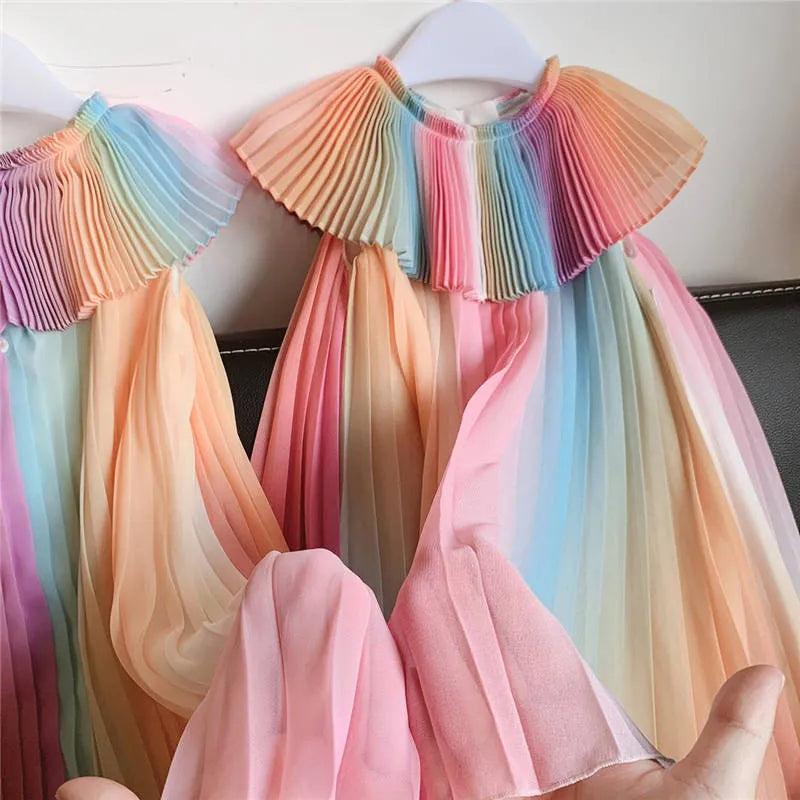 Summer Girl Rainbow Dress Kids Party Dresses Fashion Princess Pleated Maid Costume Cute Belle Clothing