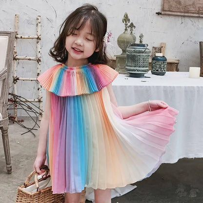 Summer Girl Rainbow Dress Kids Party Dresses Fashion Princess Pleated Maid Costume Cute Belle Clothing