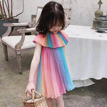 Summer Girl Rainbow Dress Kids Party Dresses Fashion Princess Pleated Maid Costume Cute Belle Clothing