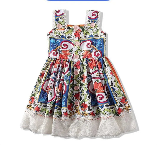 Dress summer new girls full print lace children's sling princess dress LY048