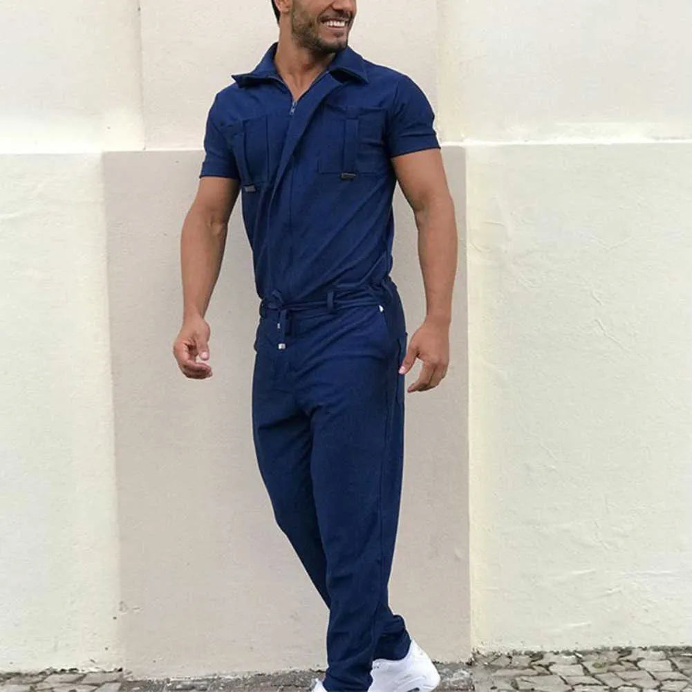 Jumpsuit Men Overalls Casual Fashion Work Wear Men Stylish Short Sleeve Pockets Drawstring Zip Jumpsuit Coverall Work Clothes X0615