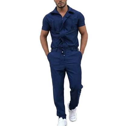 Jumpsuit Men Overalls Casual Fashion Work Wear Men Stylish Short Sleeve Pockets Drawstring Zip Jumpsuit Coverall Work Clothes X0615