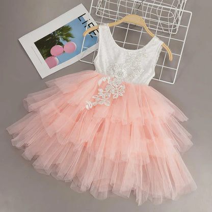 Girls Summer Dresses Sleevess Ruffle Floral TUTU Dress Kids Baby Princess Birthday Gift Dot Tulle Costume Q0716