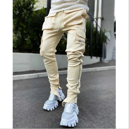 Spring and autumn tooling pants men's tide brand stretch multi-pocket reflective straight sports fitness leisure trousers