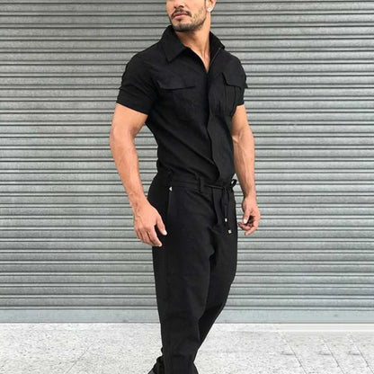 Jumpsuit Men Overalls Casual Fashion Work Wear Men Stylish Short Sleeve Pockets Drawstring Zip Jumpsuit Coverall Work Clothes X0615