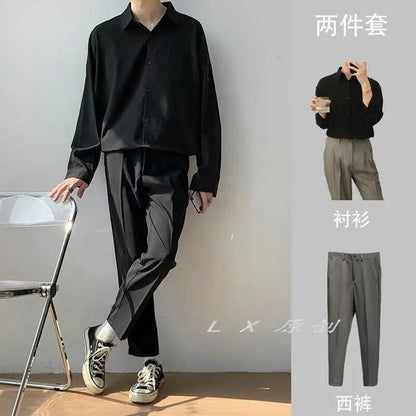 xiangtuibao -  New Men's Sets Fashion Casual Solid Shirt Pullover Button Linen Cotton Comfortable Daily Top Long Sleeve Shirt Set A82