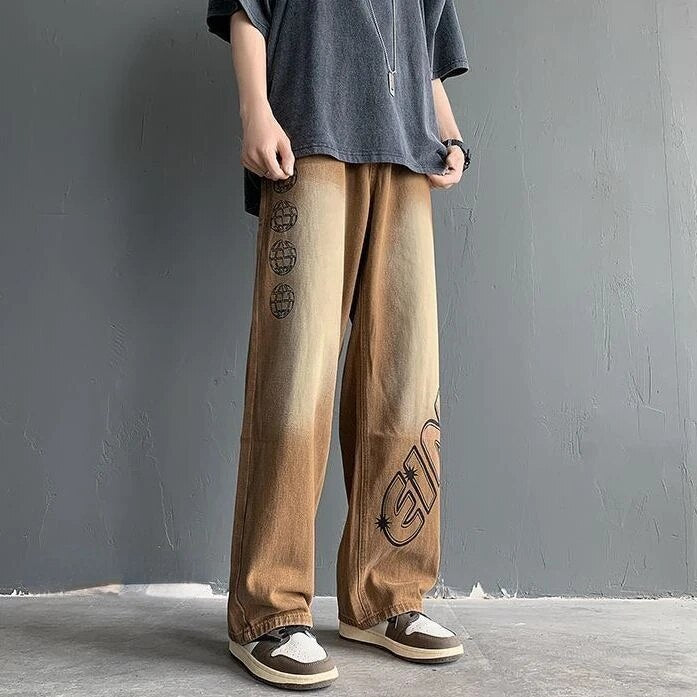 xiangtuibao -  Autumn New Simple Graffiti Jeans for Men and Women Loose Straight Sleeve Vintage Personalized High Street Trendy Wide Leg Pants