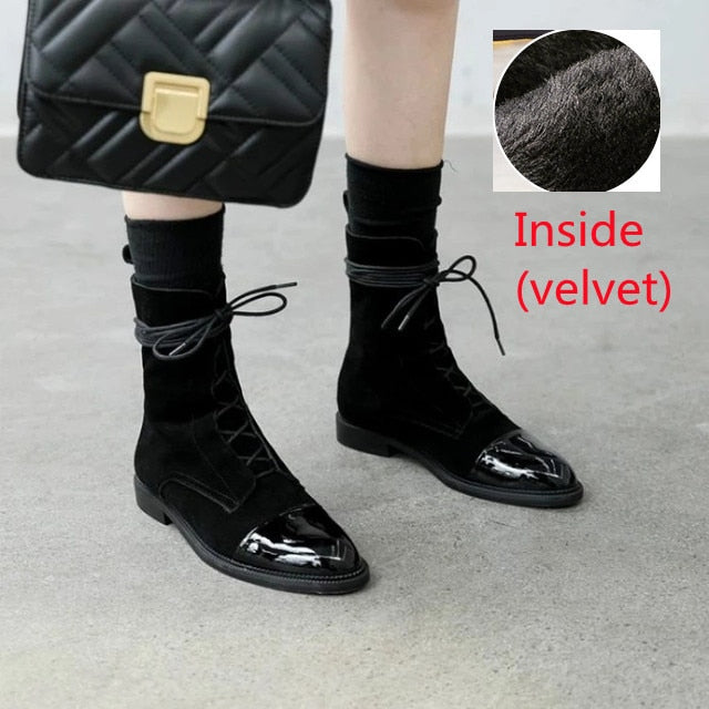 South Korea 100 British comfortable tie leather tip low heel Martin boot woman flat bottom short boot