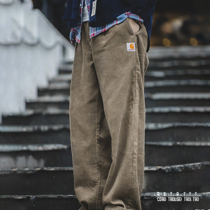 xiangtuibao - Retro Loose Corduroy Pants Wide Leg Mid Waist Striped Velvet Straight Trousers Men's Winter Casual Cargo