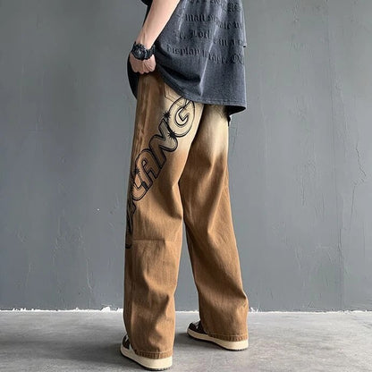 xiangtuibao -  Autumn New Simple Graffiti Jeans for Men and Women Loose Straight Sleeve Vintage Personalized High Street Trendy Wide Leg Pants