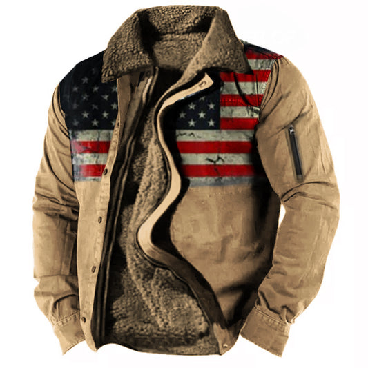 xiangtuibao - Men's Vintage American Flag Print Lining Plus Fleece Zipper Tactical Shirt Jacket