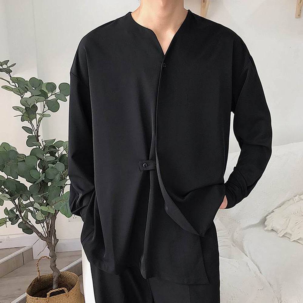 xiangtuibao - Men's Collarless long-sleeved Loose Shirt