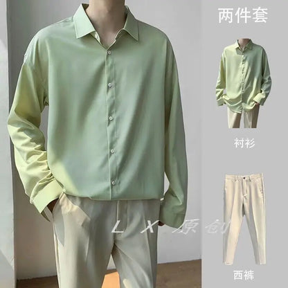 xiangtuibao -  New Men's Sets Fashion Casual Solid Shirt Pullover Button Linen Cotton Comfortable Daily Top Long Sleeve Shirt Set A82