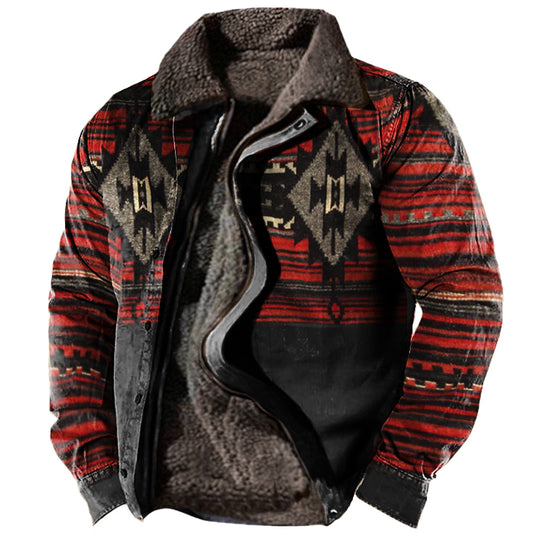 xiangtuibao - Men's Vintage Ethnic Print Fleece Zipper Tactical Shirt Jacket