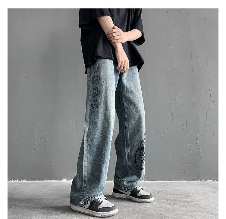 xiangtuibao -  Autumn New Simple Graffiti Jeans for Men and Women Loose Straight Sleeve Vintage Personalized High Street Trendy Wide Leg Pants