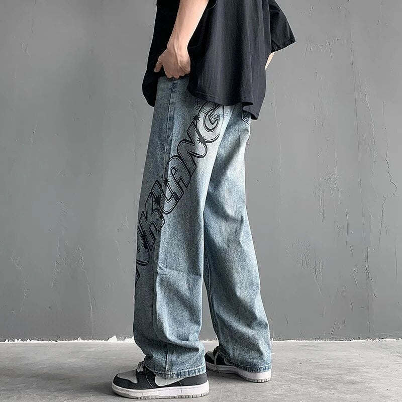 xiangtuibao -  Autumn New Simple Graffiti Jeans for Men and Women Loose Straight Sleeve Vintage Personalized High Street Trendy Wide Leg Pants