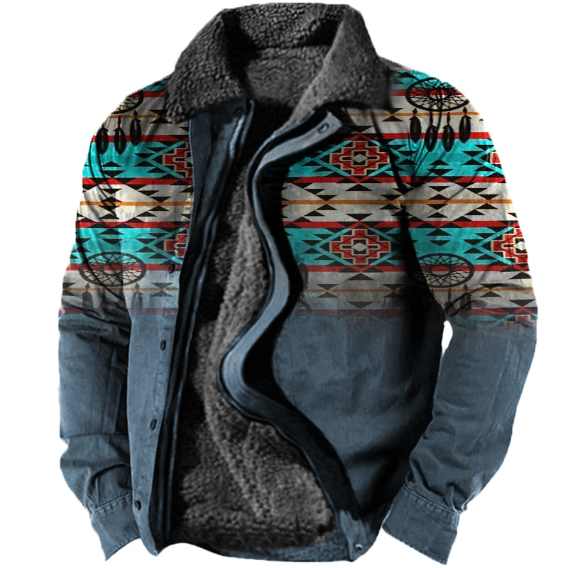 xiangtuibao - Men's Vintage Ethnic Print Fleece Zip-Up Jacket