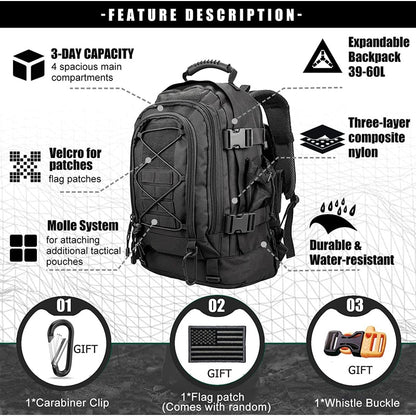 Extra Large 60L Tactical Backpack for Men Women Outdoor Water Resistant Hiking Backpacks Travel Backpack Laptop Backpacks