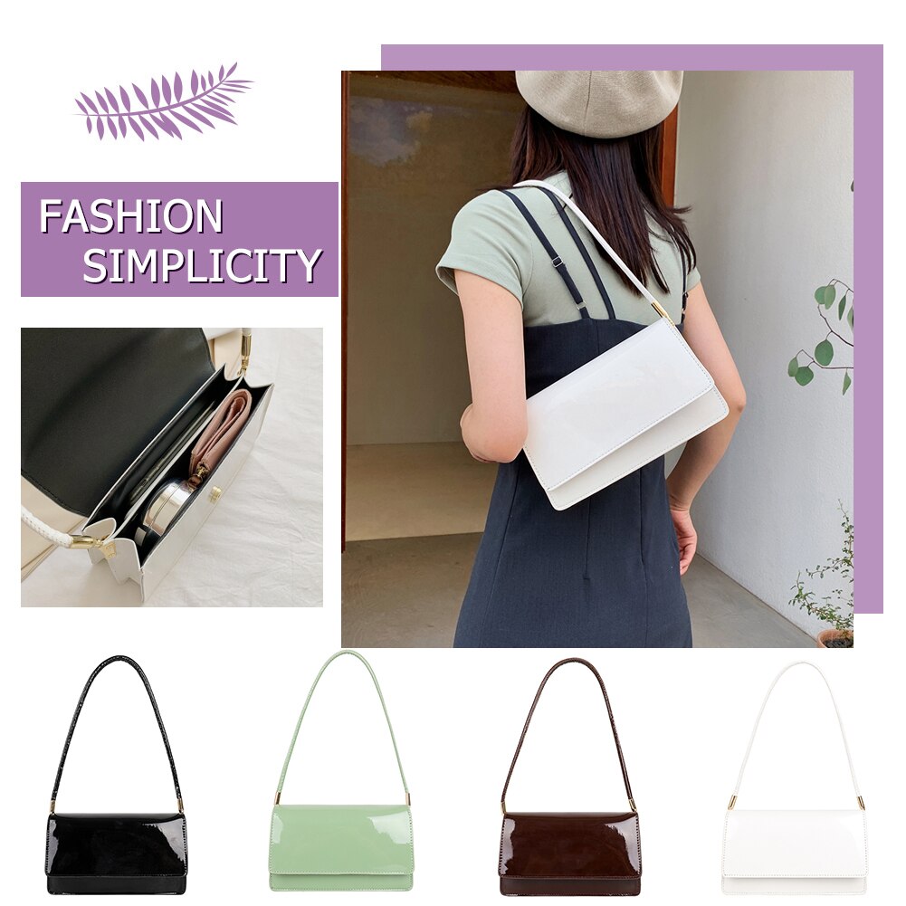 Elegant Ladies Pure Color Subaxillary Bags Shiny Patent PU Leather Shoulder Bags for Women Small Flap Handbags