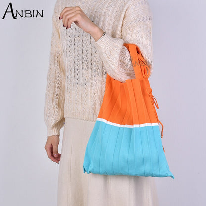 Women Shoulder Bag Knitted Fabric Colour Blocking Design Pleated Bags Woolen Cloth Handbag Foldable Strapped Tote For Female