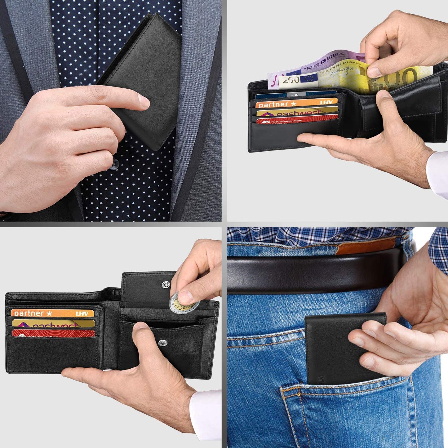 Genuine Leather Wallet Men Classic Black Soft Purse Coin Pocket Credit Card Holder