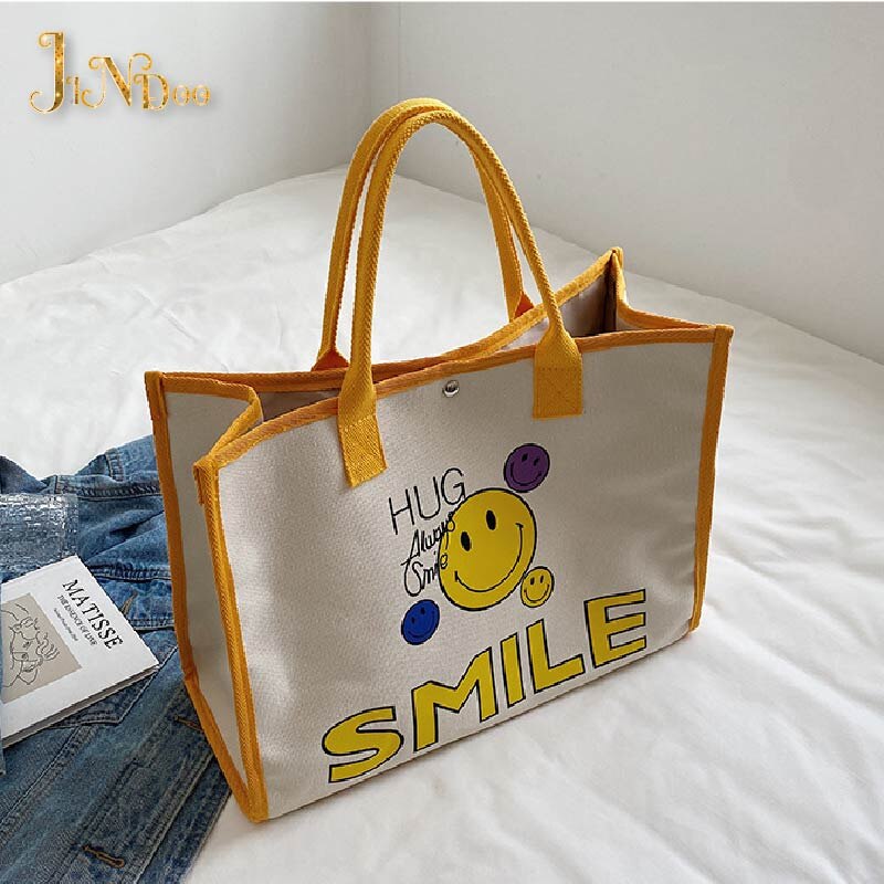 NEW Casual Canvas Women Cute Smile Handbag Large Capacity Handle Bag Shopping Tote Bag Fashion Simple Shoulder Bag Environmental