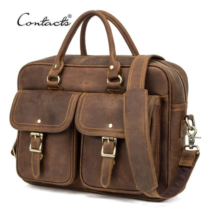 CONTACT&#39;S Business Men Briefcase Bag Crazy Horse Leather Shoulder Messenger Bag Quality Office Tote Handbags for 15.6&quot; Laptop