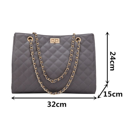 Fashion Silver Plaid Shoulder Women&#39;s Bag Luxury Leather Shopper Crossbody Bag Lattice Messenger Handbag Lady Big Chain Tote Bag