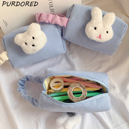 PURDORED 1 Pc Cute Cartoon Women  Makeup Bag Soft Corduroy Travel Cosmetic Bag Organizer Case Student Pencil Bag Necessaries