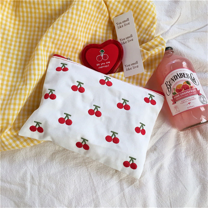 Cosmetic Bags Cherry Embroidery Zipper Lipstick Bag Ins Kawaii Retro Girls Canvas Bag Makeup Case Storage Neceser Cute Ulzzang