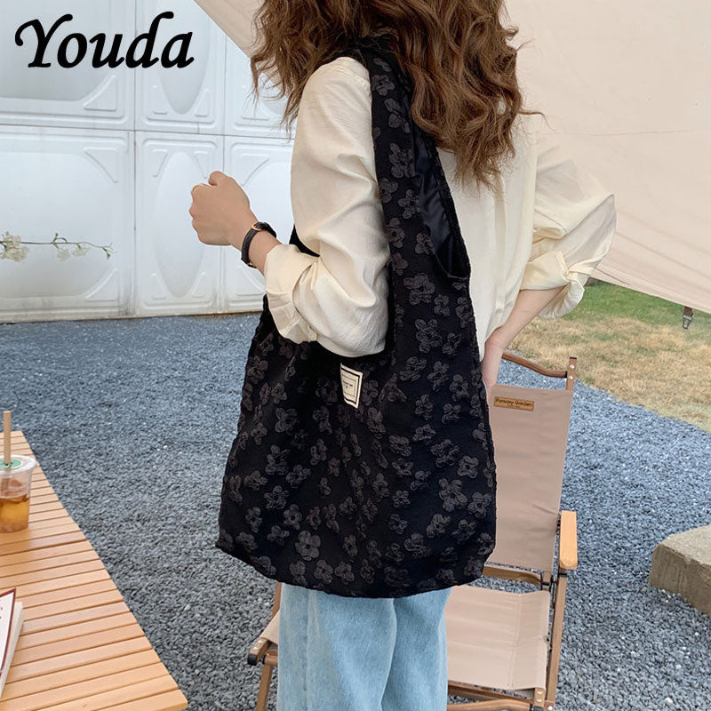 Youda Retro Literature Embroidery Embroidered Shoulder Handbag Student Class Large-capacity Casual Ladies Shopping Bag Open