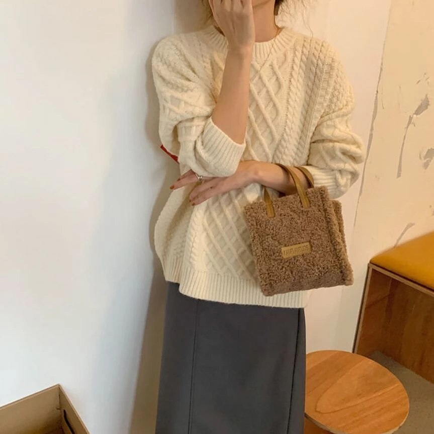 Women Winter Shoulder Bag Lamb Wool Warm Soft Autumn Ins Square Cross-body Portable Casual Self-made Hand-Woven Bag Material Bag