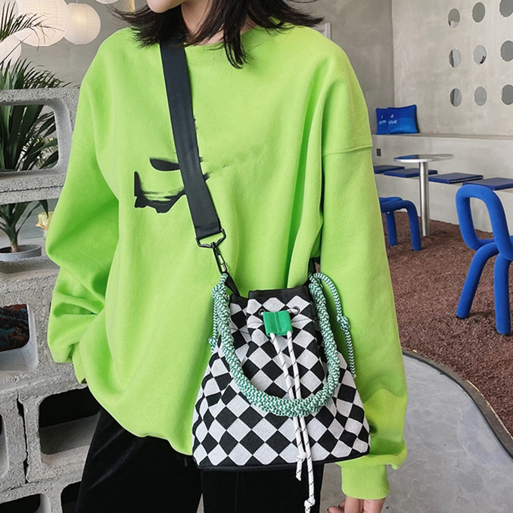 Women Shoulder Bags Exquisite Women Canvas Checkerboard Hit Color Messenger Bag Drawstring Casual Shopping Crossbody Bags