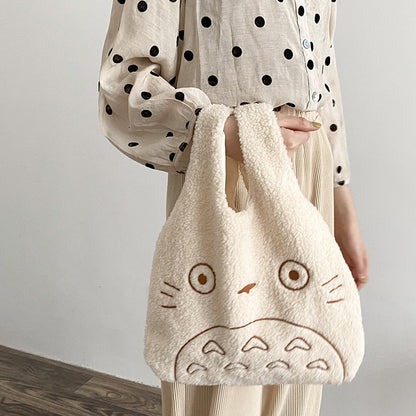 Cartoon Totoro Embroidery Lamb Fabric Handbag for Women Girls Japan INS Shoulder Bag Tote Bag Soft Fur Shopper Bag