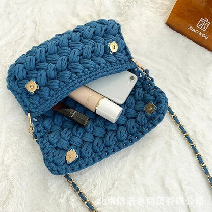 Fashion Rope Woven Shoulder Crossbody Bags for Women Chains Knitting Handbag String Square Bag Small Braided Flap Phone Purses