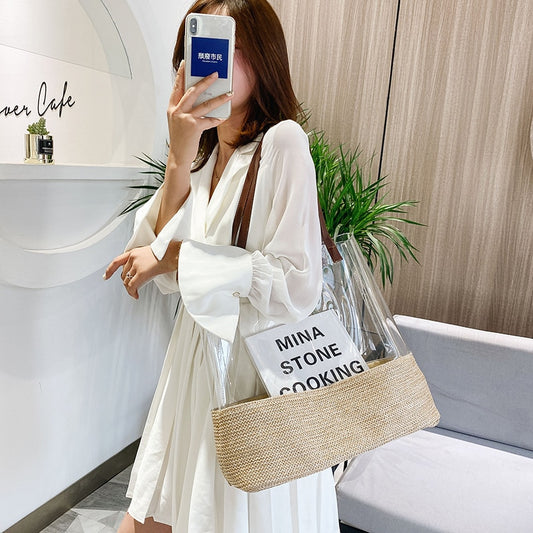 New Fashion Women&#39;s Transparent PVC+straw Shoulder Bags Summer Woven Beach Handbag Designer Large Capacity Female Tote Bag Purse