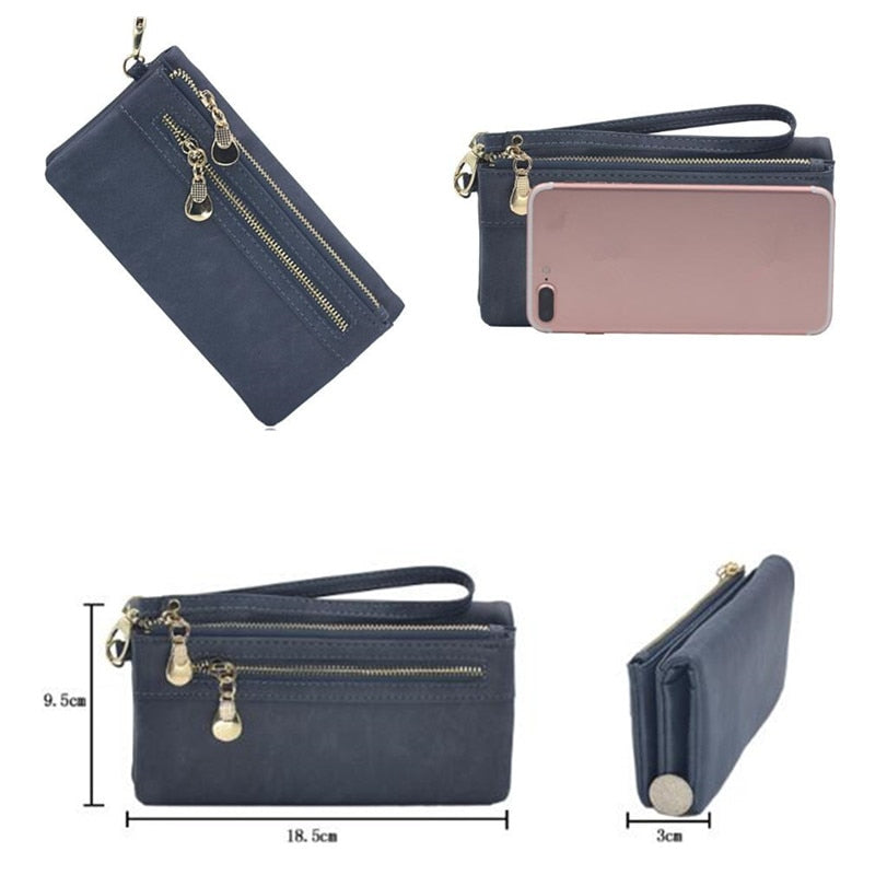 Fashion Women Wallets Dull Polish Leather Wallet Double Zipper Day Clutch Purse Wristlet Portefeuille Handbags Carteira Feminina