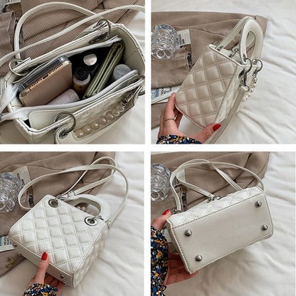 Mini Top-handle Bags Women Pearls French Style Elegant Cross Body Diamond Lattice PU Leather Handbags Shoulder Ladies Luxury Ins