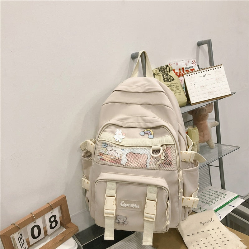 New Waterproof Nylon Mesh Women Backpack Female Solid Color Badge Travel Bag College Girl Multi-pocket Schoolbag Book Bags
