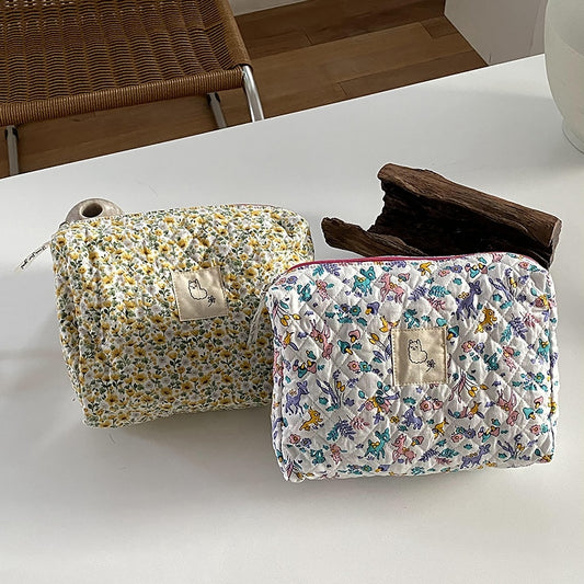 Korean Quilted Cosmetic Bag For Women Makeup Storage Bag Large Toiletry Bags Pure Color Female Beauty Case Cotton Cosmetic Pouch